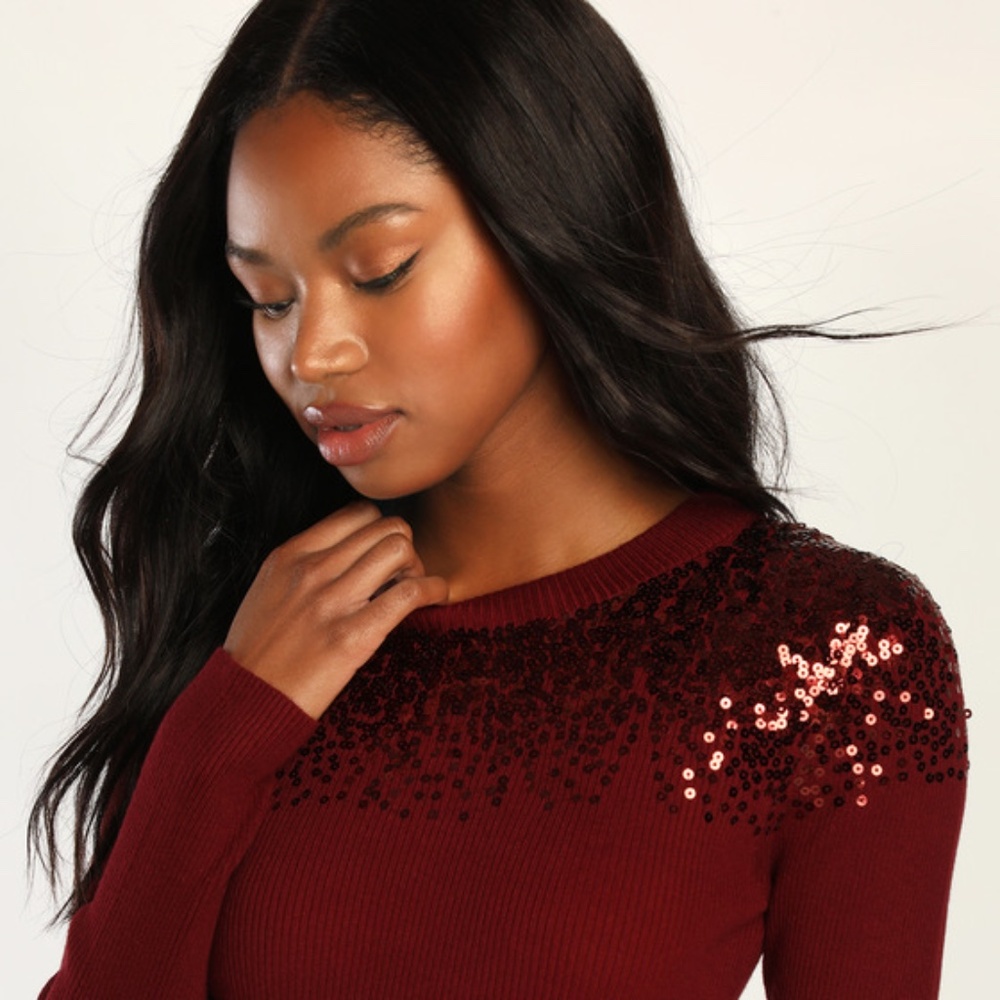 Lulus Snow Stopper Burgundy Ribbed Sequin Mini Sweater Dress Red - Size XL